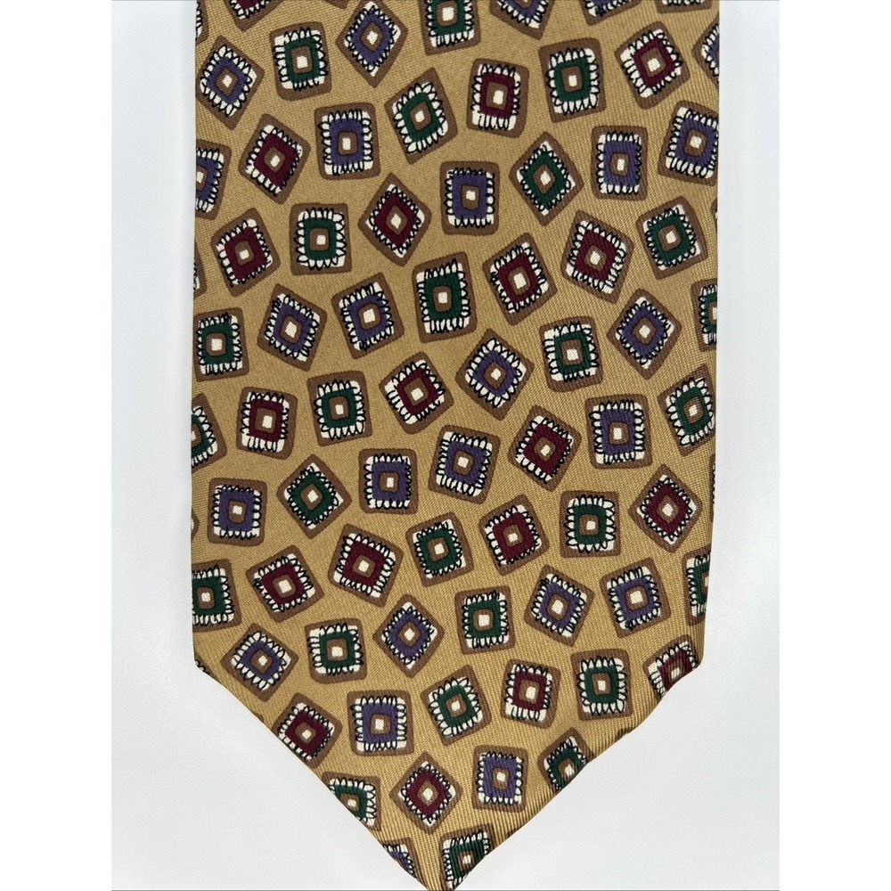 Robert Talbott Men's Silk Tie Hand Sewn, Gold W/ Green, Purple,‎ Maroon Squares
